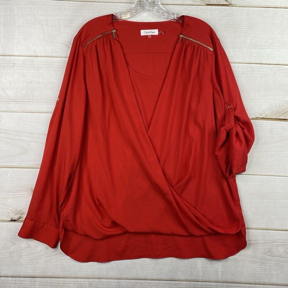 Calvin Klein Womens Top XL Red Roll Tab Sleeve Surplice Tank Faux Wrap Zipper